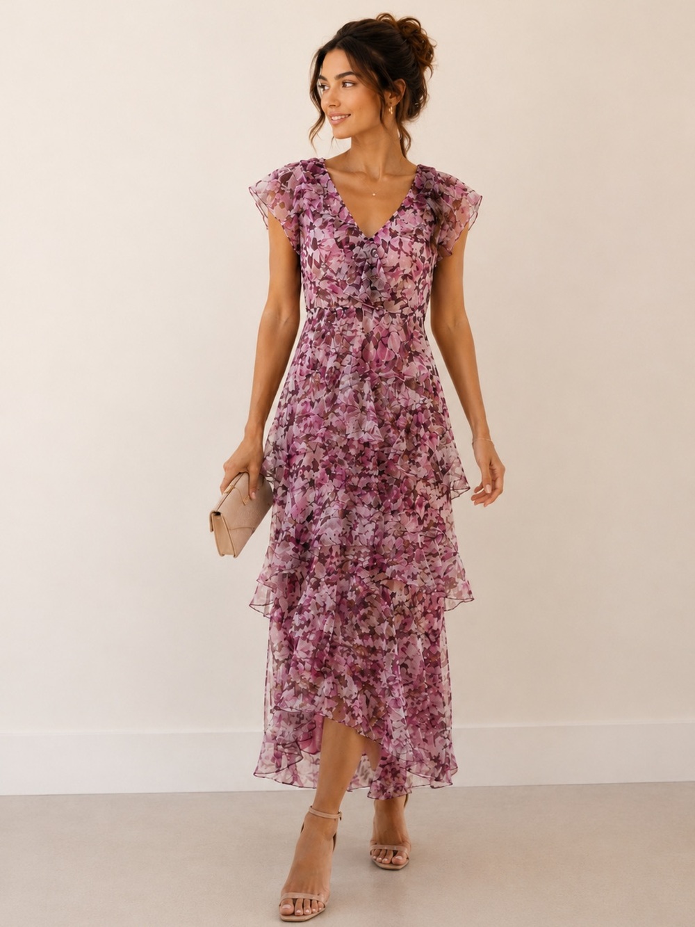 Badgley Mischka Pink Floral Chiffon Ruffle Dress Lace-Up Back Sz 4 Wedding Guest